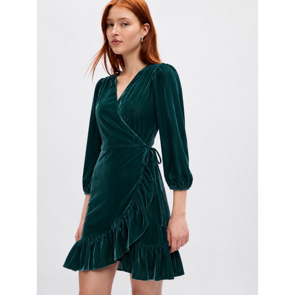 Gap Velvet Wrap Mini Dress Womens L Petite Teal Green Ruffle Puff Sleeve Holiday